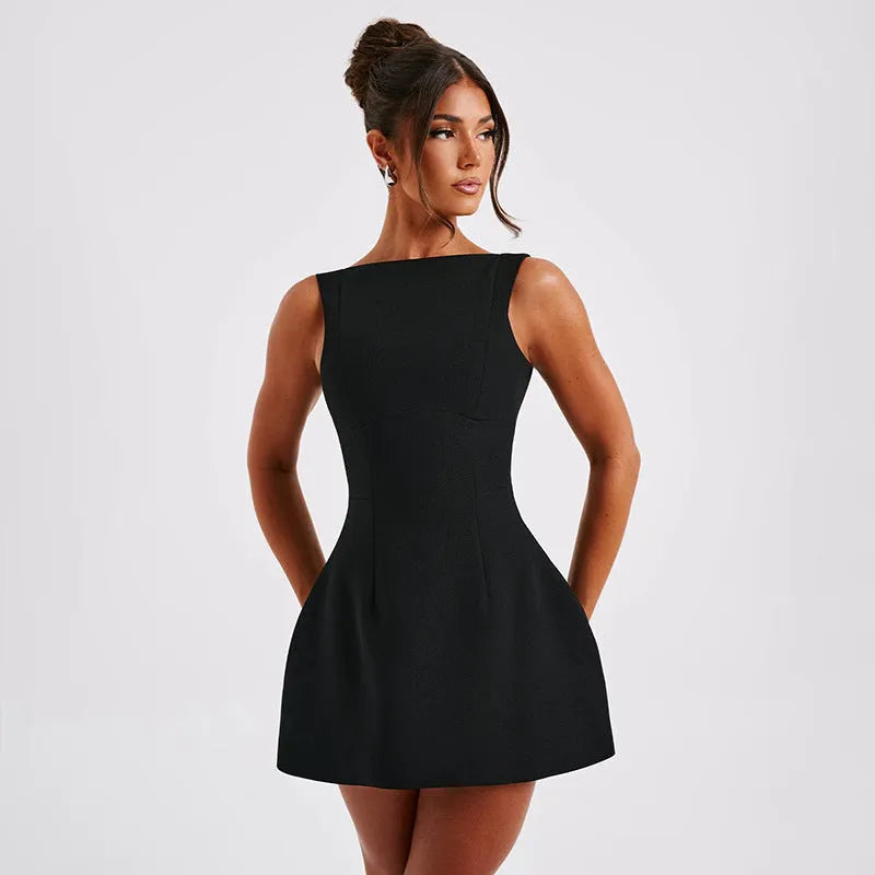 Slim-fitting backless sleeveless dress with high waist and short skirt in street hipster style