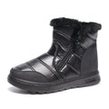 Women's fur winter snow boots with side zipper, high top, round toe, flat heel, available in black red silver