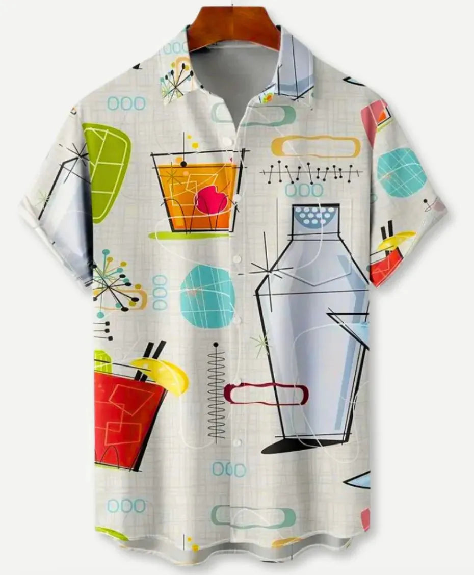 Hawaiian floral print short sleeve shirt with lapel collar on a hanger
