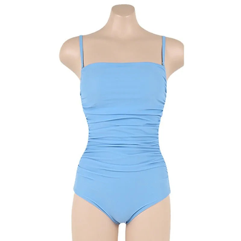 Blue sling style one-piece women's swimsuit with belly pleats and a slim fit design.