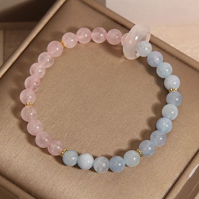 Handmade aquamarine crystal dopamine bracelet for women with mixed materials and geometric design