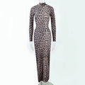 Leopard print long sleeve dress with stand collar and high-waisted knee-length skirt.