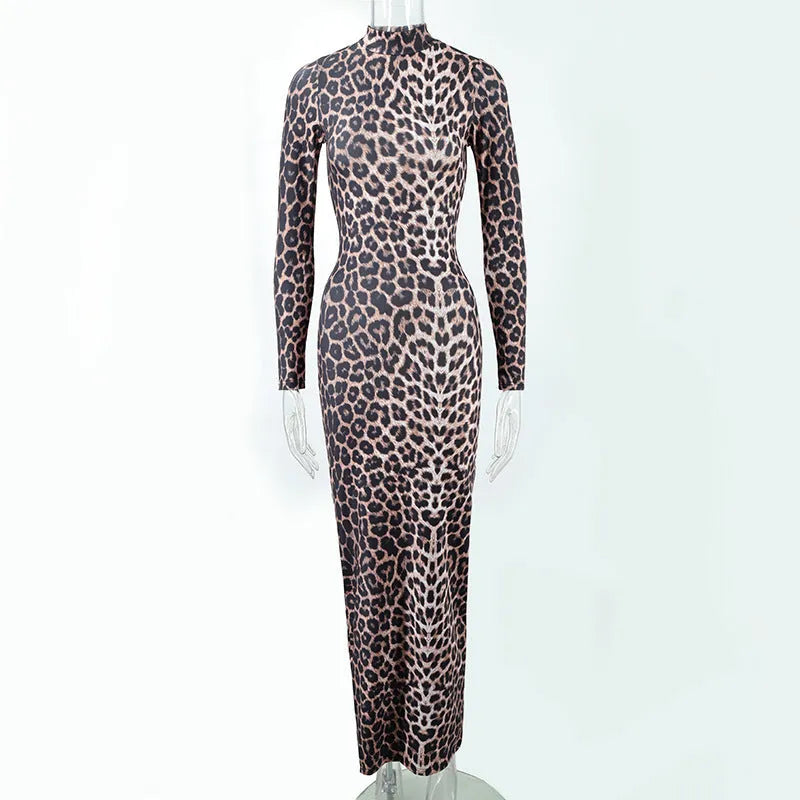 Leopard print long sleeve dress with stand collar and high-waisted knee-length skirt.