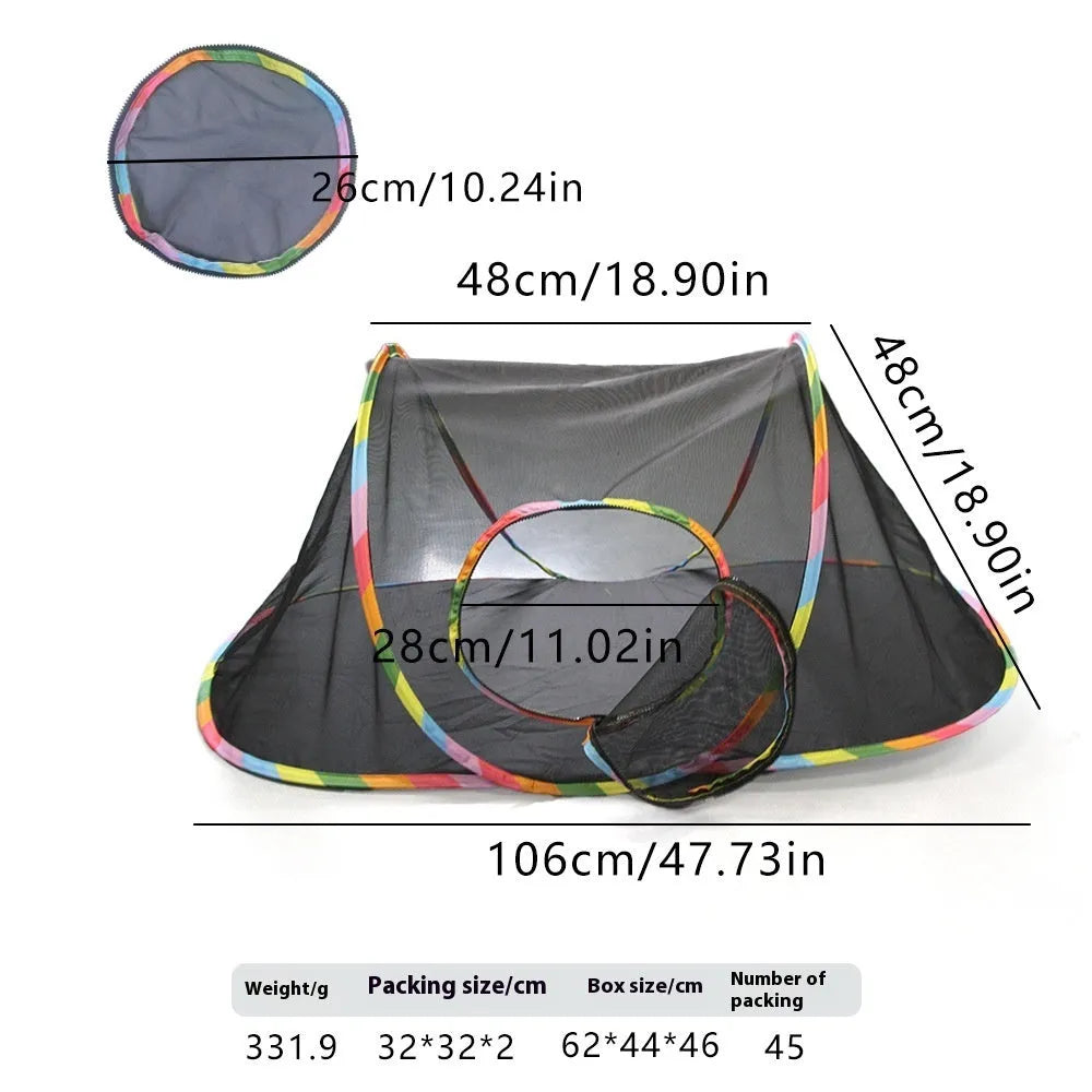 Foldable mesh cat roll cage toy showing multiple tunnel design options for indoor cat play