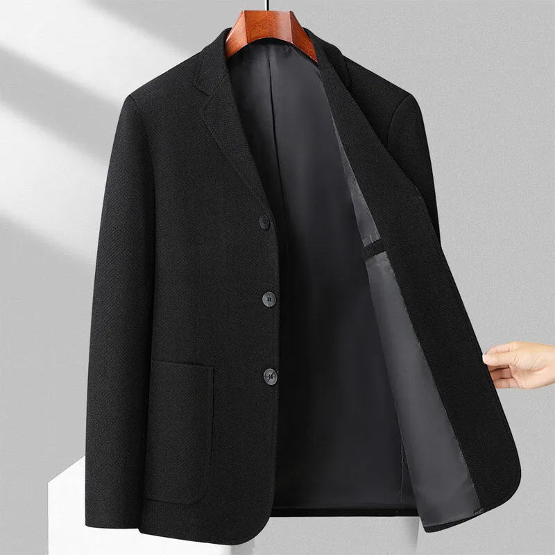 Men's solid colour loose fit woolen coat for casual spring and autumn wear.