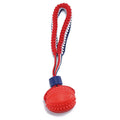 Blue rubber dog ball with attached rope for tug-of-war games
