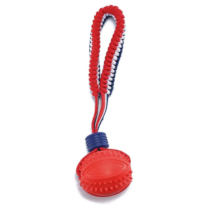 Blue rubber dog ball with attached rope for tug-of-war games