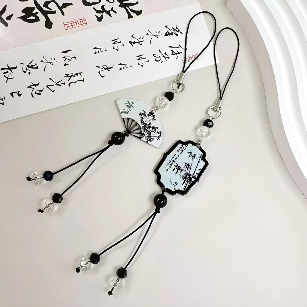 Chinese style pendant keychain with bead design in Fan or Poetry options for schoolbag decoration.