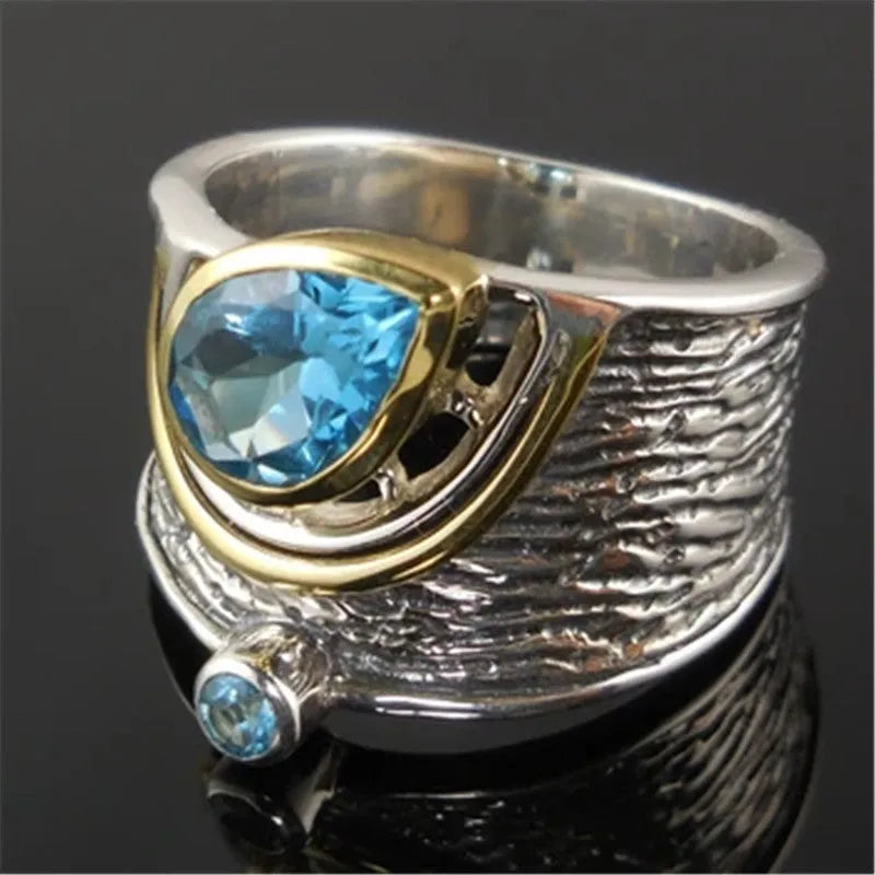 Blue zircon drop-shape Chinese style ring with inlaid rhinestones on alloy band