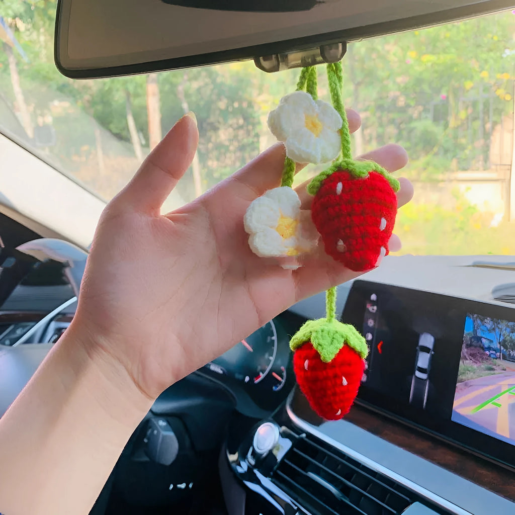 Handmade strawberry-shaped weaving pendant car decoration made from cotton and hemp yarns
