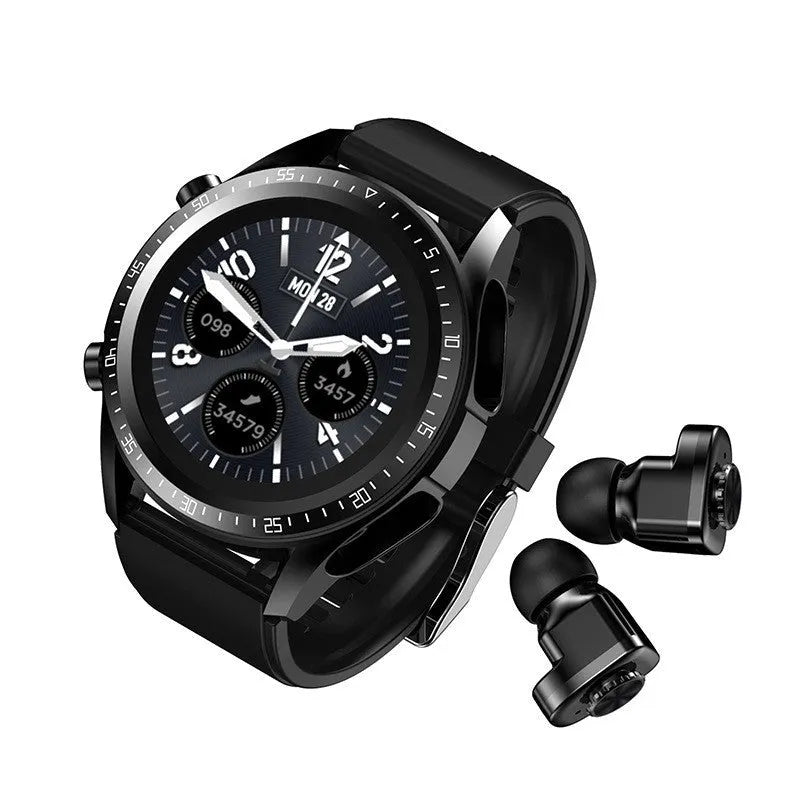 Black smart watch with silicone strap displaying blood pressure and oxygen data on its 1.28-inch colour screen.
