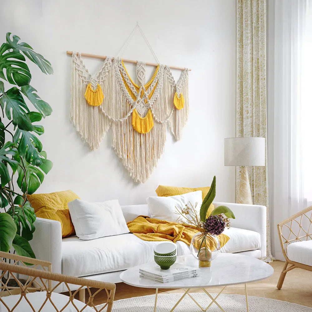 Hand-woven creamy white and yellow cotton Nordic tapestry rectangle 120cm by 95cm