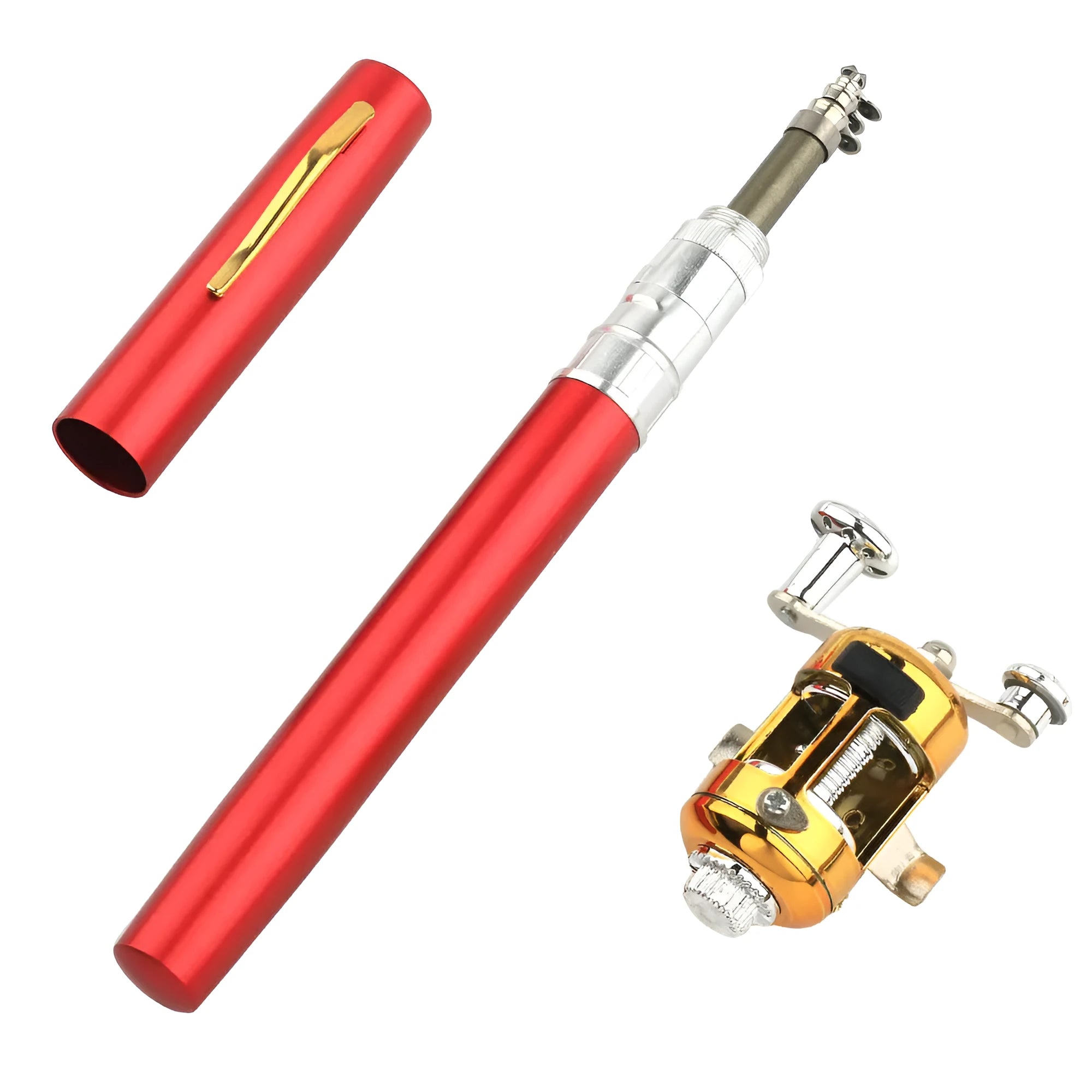 Gold telescopic pocket fishing rod extended next to its aluminium pen case and ST5RL reel.