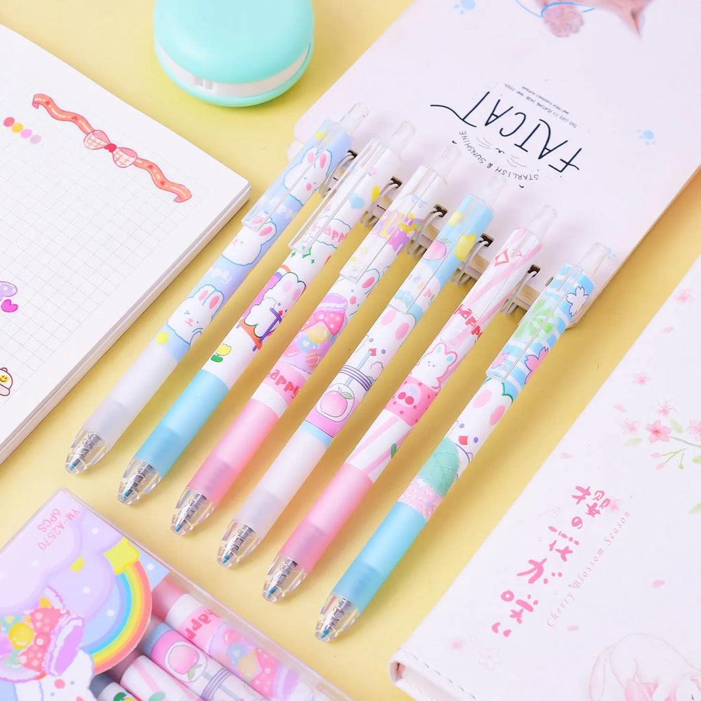 Cartoon bunny themed 0.5mm black ink pen set with six plastic shell pens for student stationery