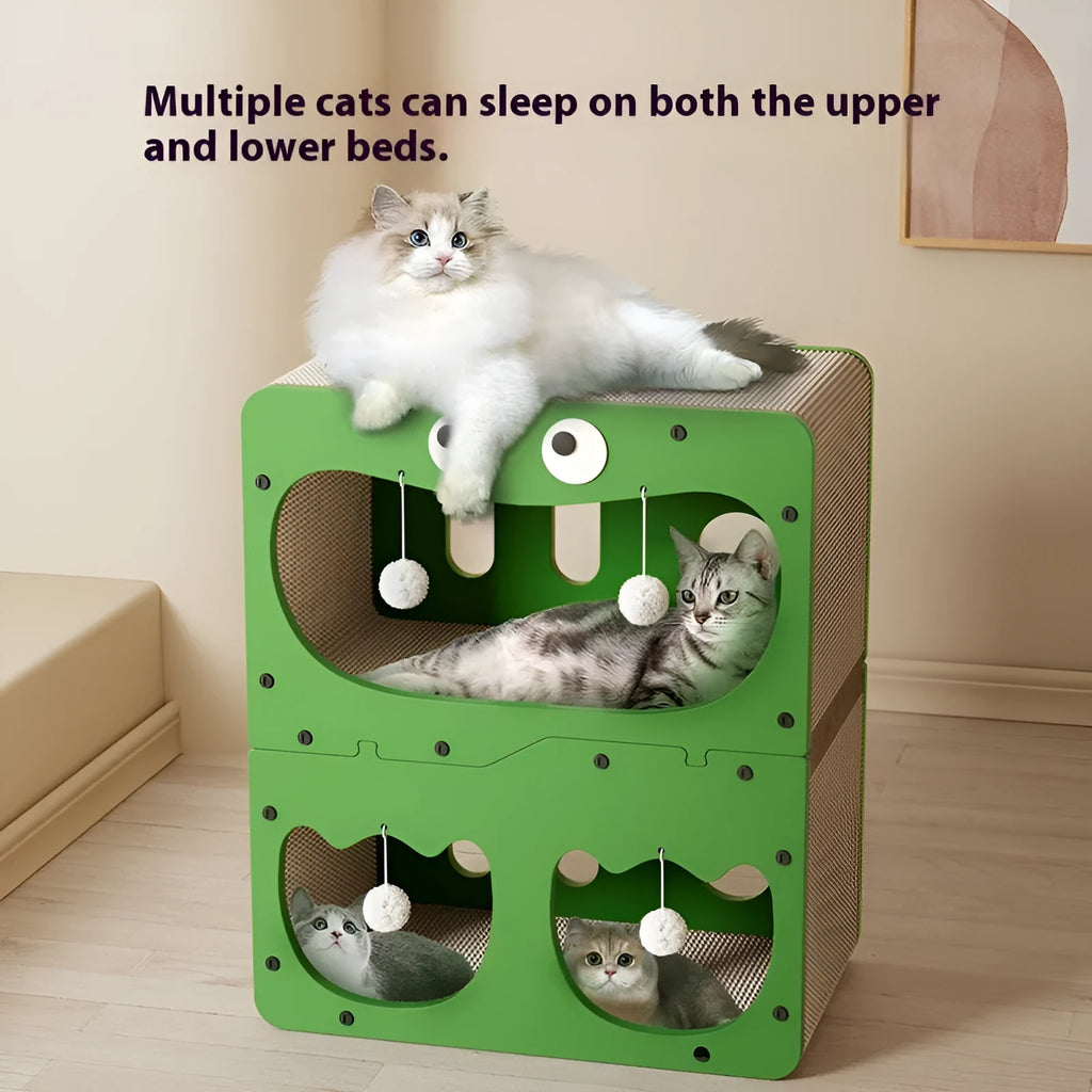 Double-layer cat scratching board nest with wear-resistant surface showing big eyes decorative style option