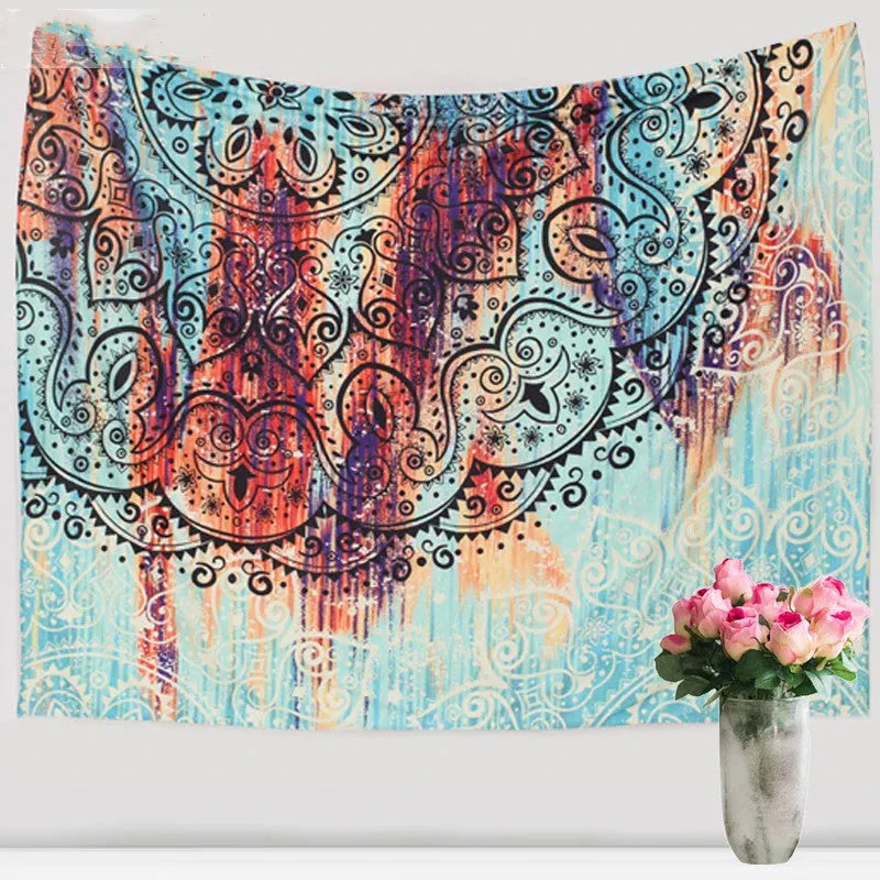 Bohemian mandala tapestry with colourful floral print on 100% polyester fabric, 150x230cm