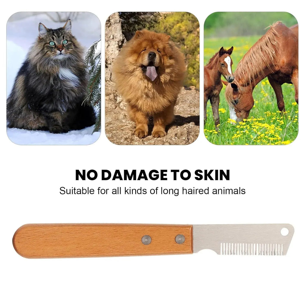 Pet stripping comb with wooden handle and metal fittings in two sizes
