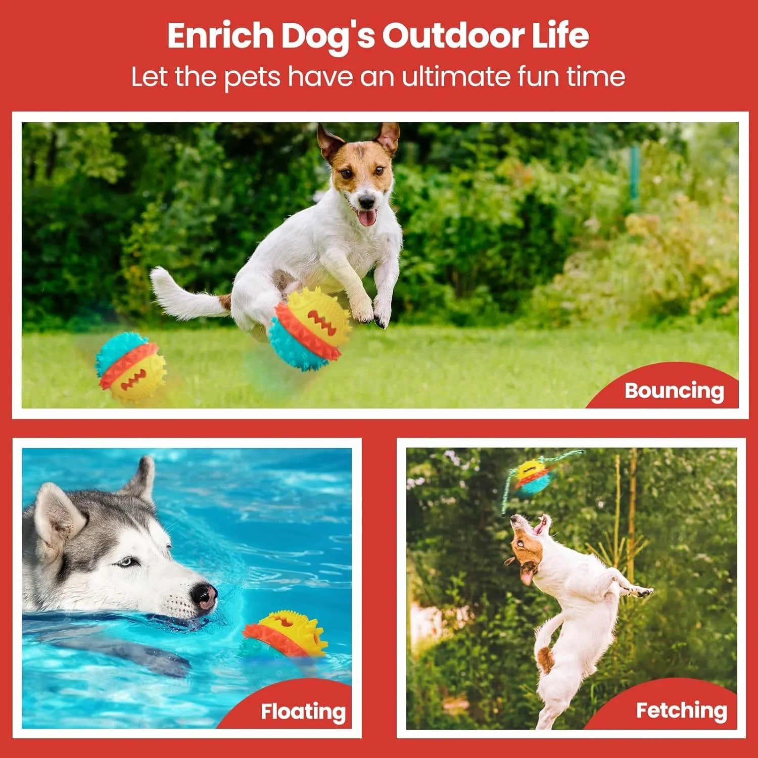 Blue and red TPR rubber squeaky dog ball toy with treat dispenser hole, for large aggressive chewers.