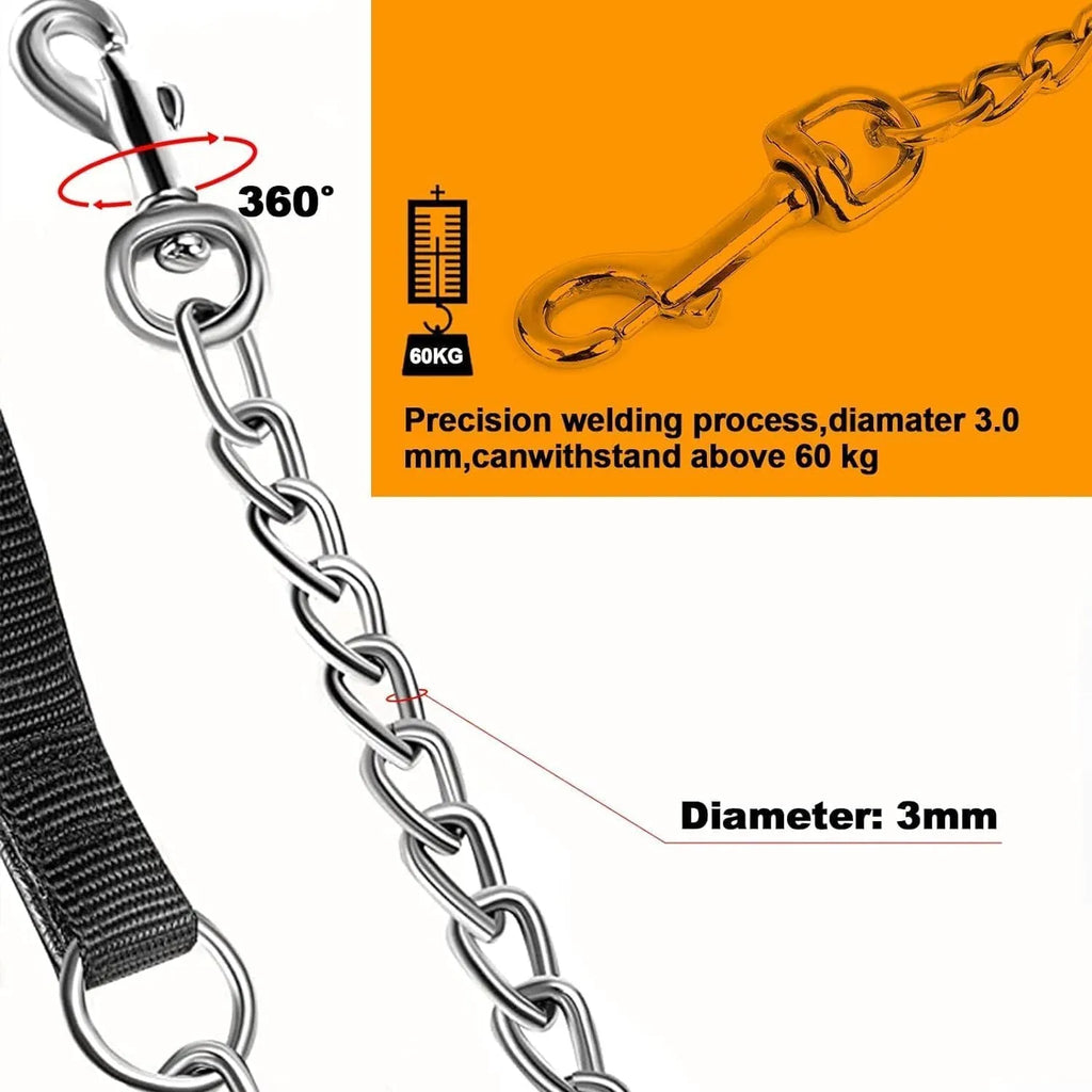 Heavy duty metal dog chain leash with a soft black padded handle, shown in red colour.