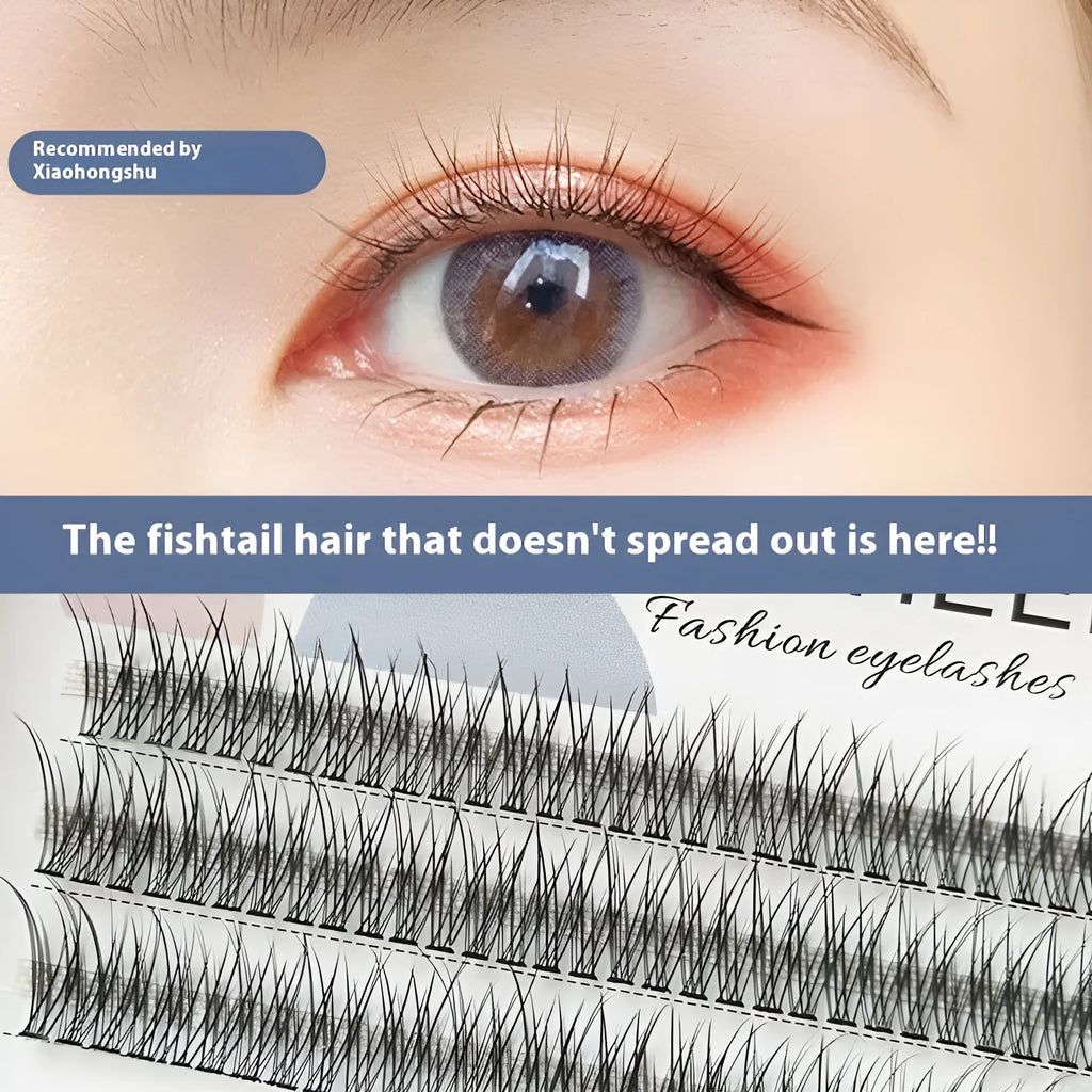 Black V-shaped fairy fishtail false eyelashes with thick segments on a clear lash band.