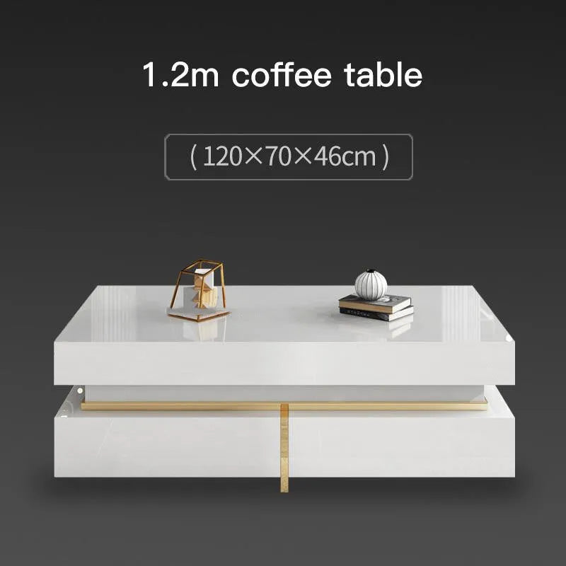 Modern minimalist tempered glass TV cabinet and coffee table set with baking paint finish in a living room