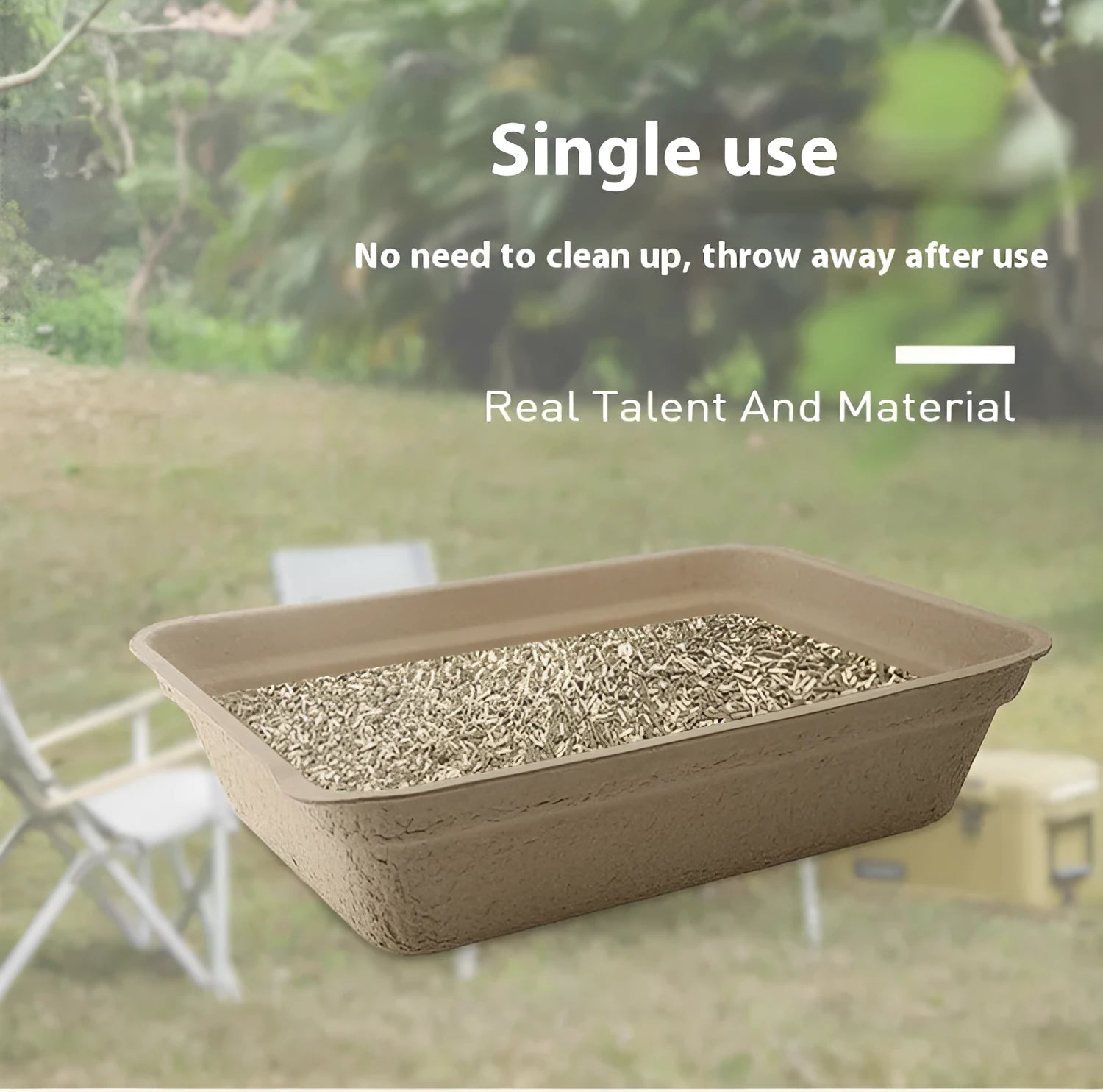 Brown disposable cat litter box showing its shallow tray shape and three available size options for small, medium, and large cats.