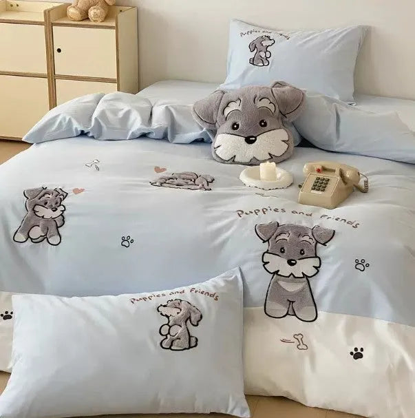 Cute Schnauzer cartoon bedding set with embroidered design on cotton quilt cover and matching pillowcases
