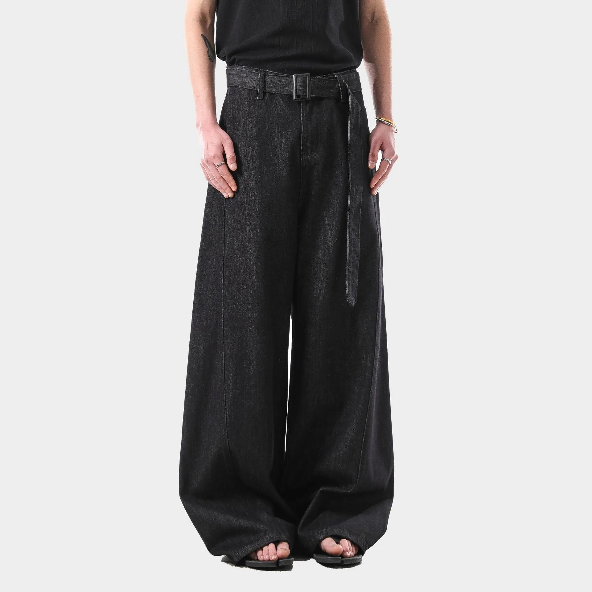 Black high waist straight leg jeans with gold accents and retro American styling details