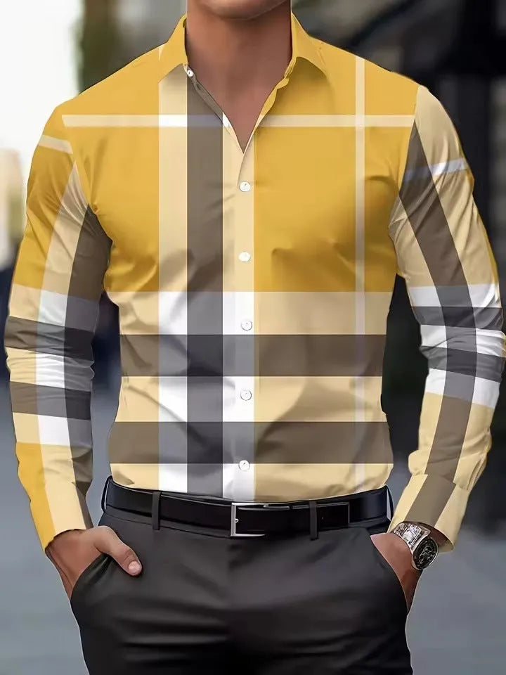 Men's printed polyester shirt with long sleeves and button lapel in multiple colour options