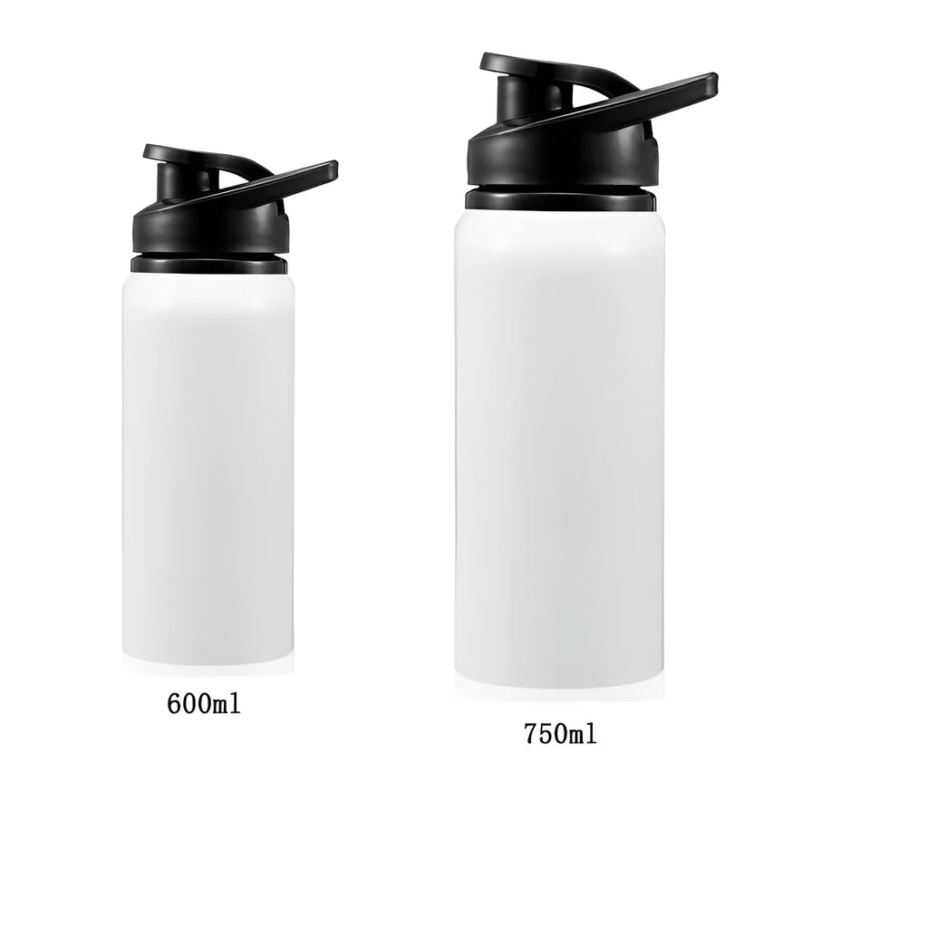 White aluminium sports water bottle shown in 600ml and 750ml sizes for cycling and outdoor use.