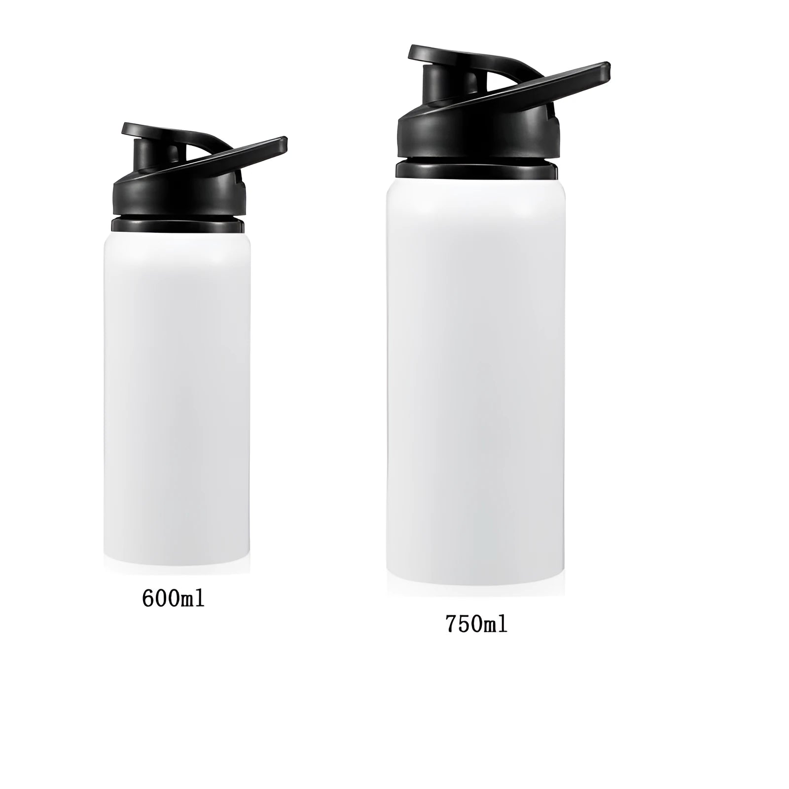 White aluminium sports water bottle shown in 600ml and 750ml sizes for cycling and outdoor use.