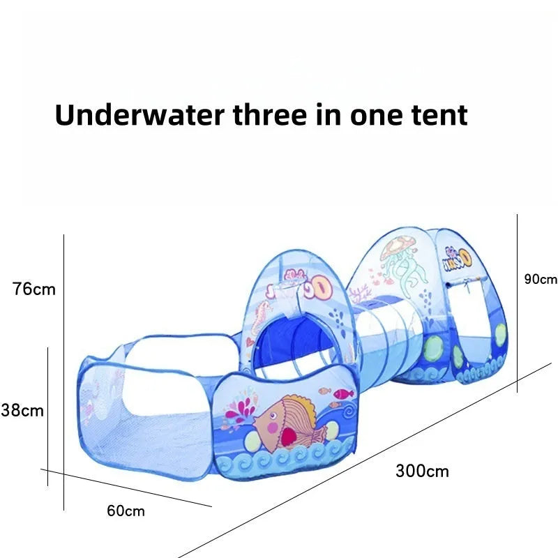 Children's three-in-one indoor play tent set with cartoon submarine design, featuring a tent, play tunnel, and ball pool.