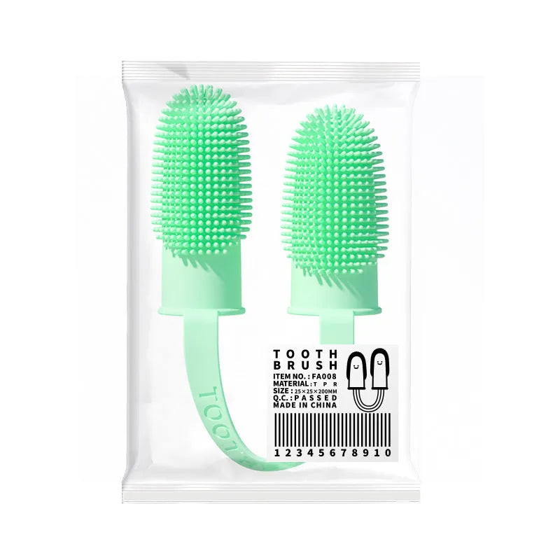 Double finger toothbrush set for pets with TPR finger sleeves in pink, blue green and yellow