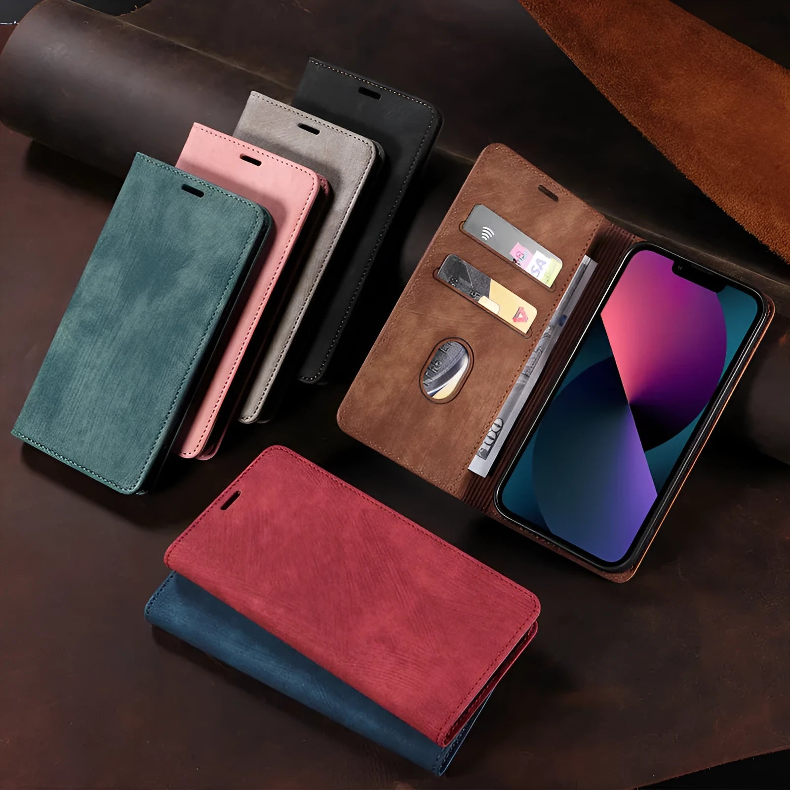 Magnetic leather flip phone case for iPhone in seven colours including grey, lake green, and pink