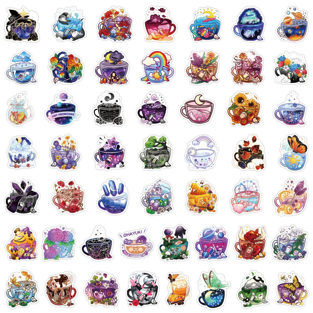 Waterproof vinyl stickers with colourful tea cup graffiti design in Nordic style, 50-piece pack