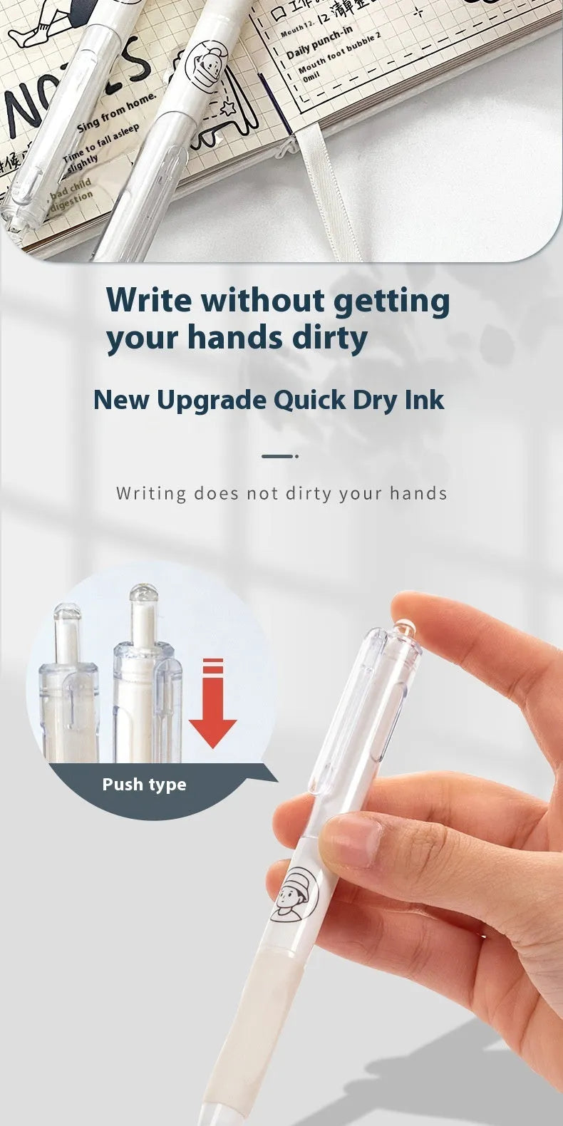 Five white Taco ballpoint pens with 0.5mm black ink refills showing quick-drying technology