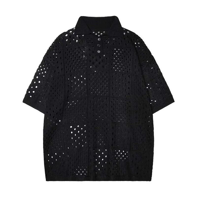 Black polyester blend short-sleeved polo shirt with cardigan style for teenage casual wear