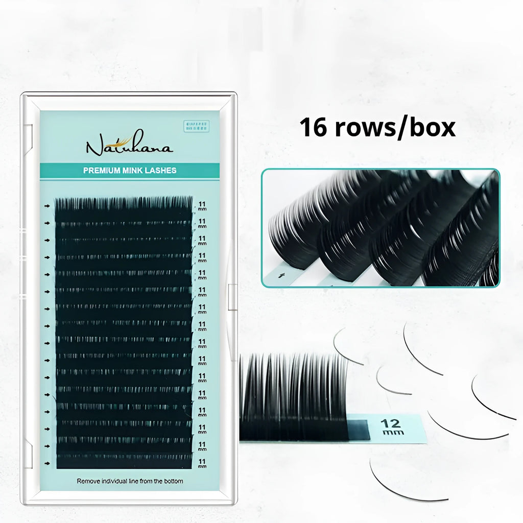 Soft velvet artificial fibre false eyelashes showing range of curl styles and lengths from 7mm to 15mm.