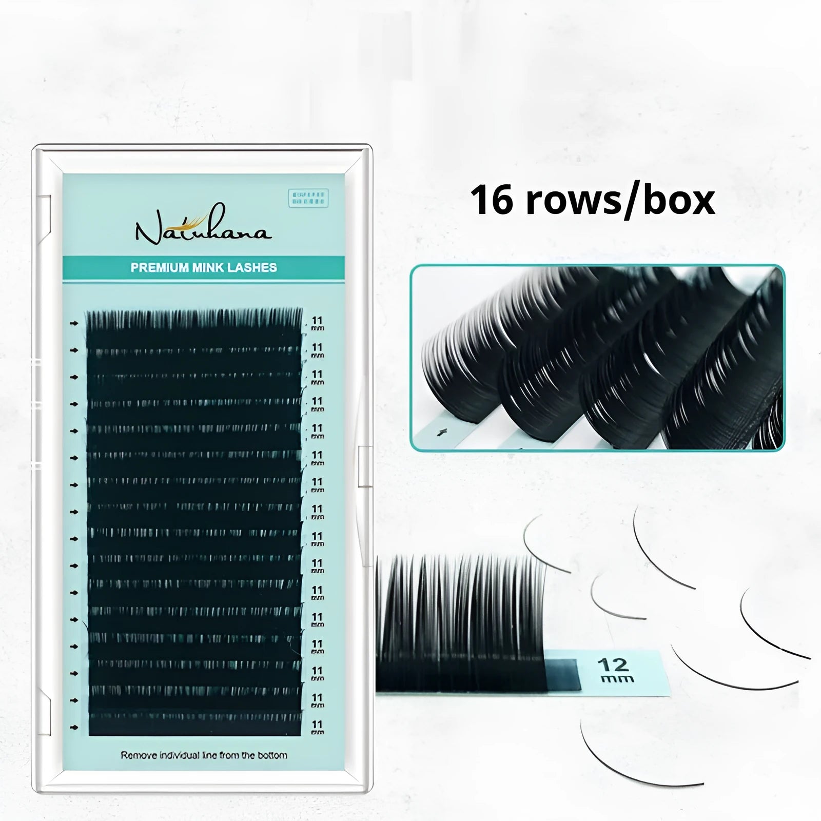 Soft velvet artificial fibre false eyelashes showing range of curl styles and lengths from 7mm to 15mm.