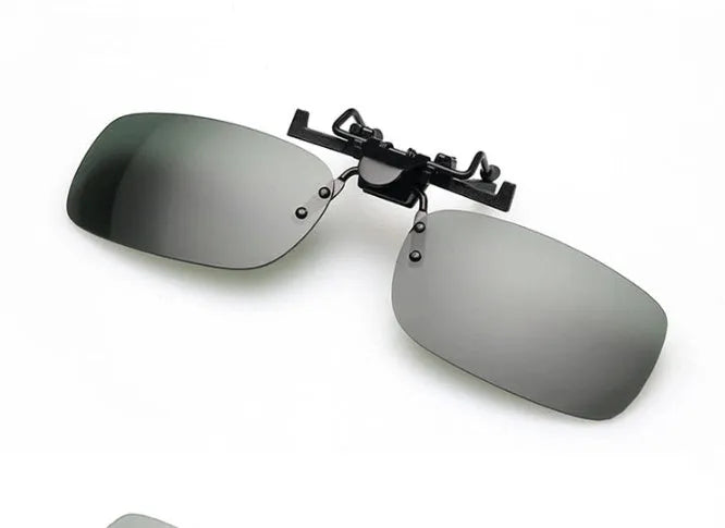 Clip-on driving sunglasses with polycarbonate lenses in grey, dark green, and night vision amber tints