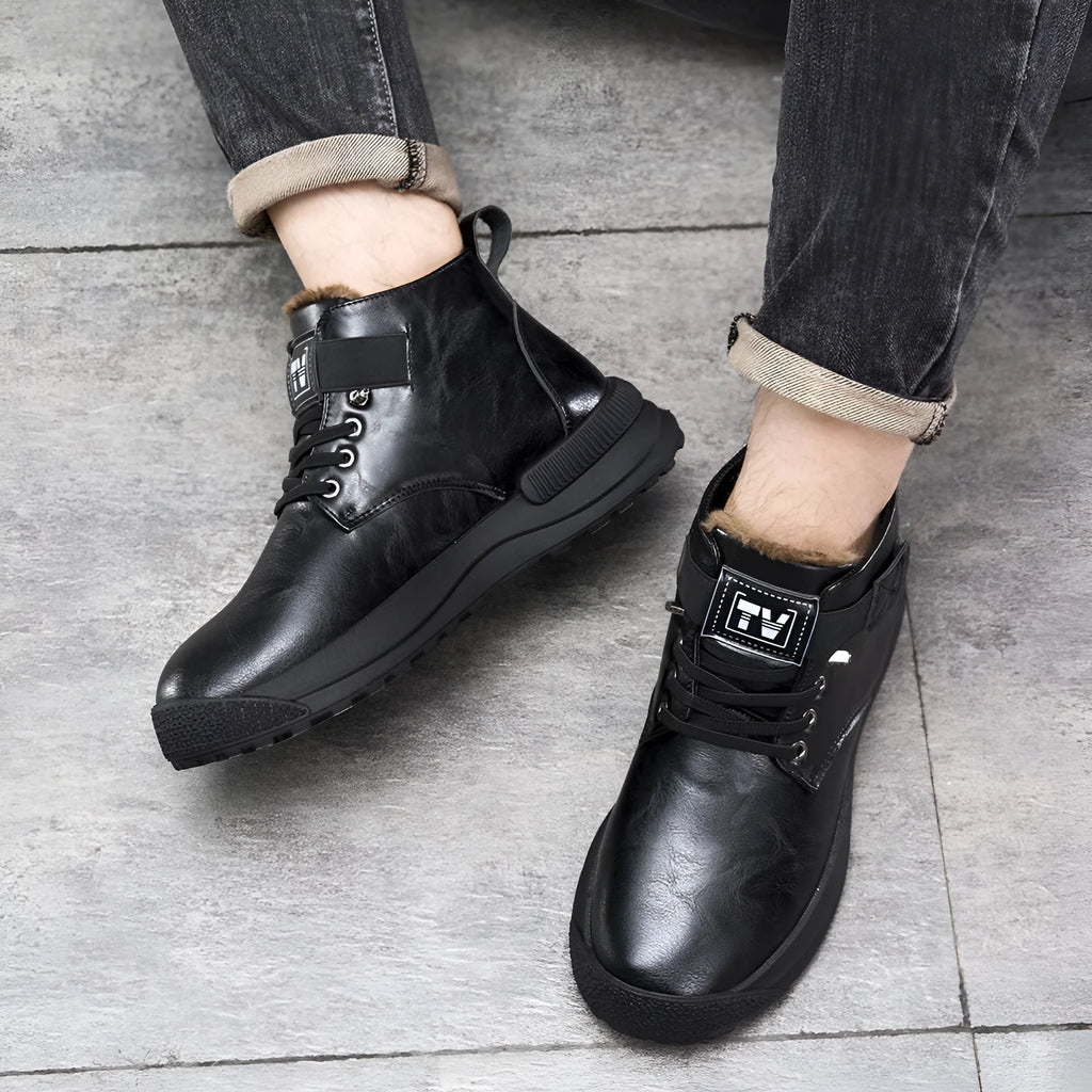 Men's black high-top platform Martin boots with artificial PU upper and rubber sole.