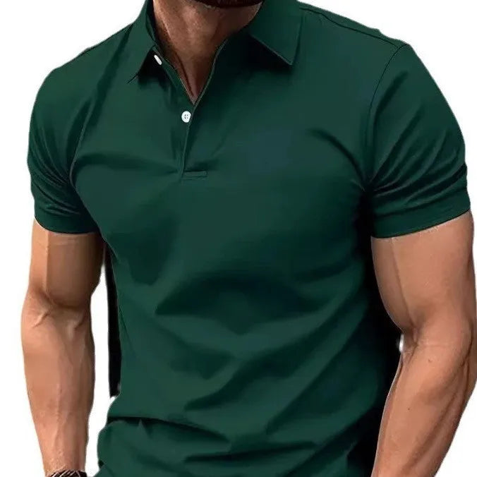 Men's slim fit short sleeve button shirt in a solid colour on a hanger.