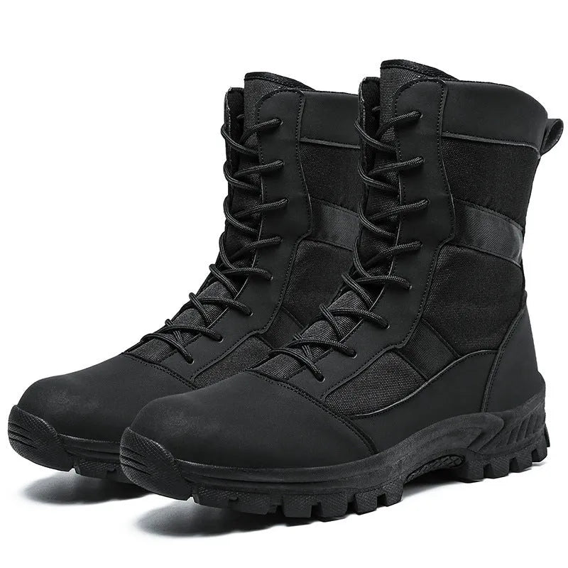 Men's black and camouflage high-top mesh Martin boots on a white background.