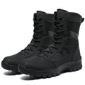 Men's black and camouflage high-top mesh Martin boots on a white background.