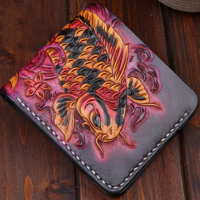 Men's cow leather short wallet showing red, blue, and gold colour options with open closure
