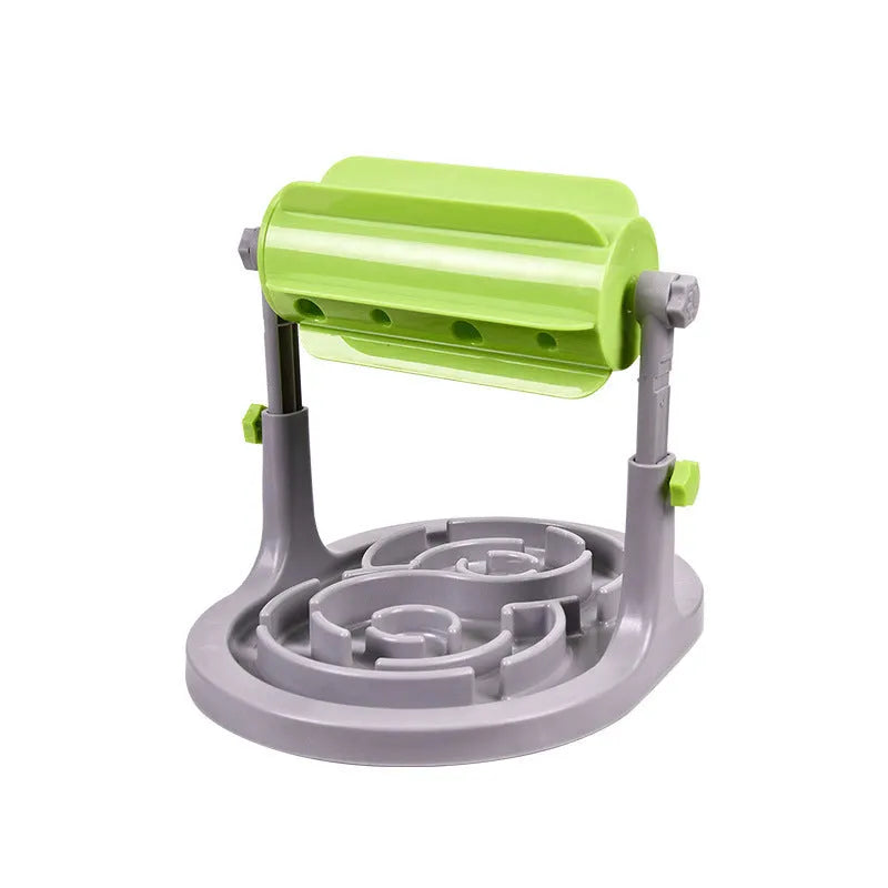 Interactive pet food puzzle bowl with raised patterns and adjustable height in blue, green, or pink colours