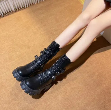 Women's black mid-calf boots with metal buckle decoration and side zipper, rounded toe design