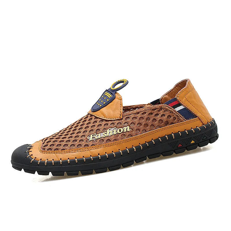 Men's brown mesh casual shoes with round toe and rubber sole