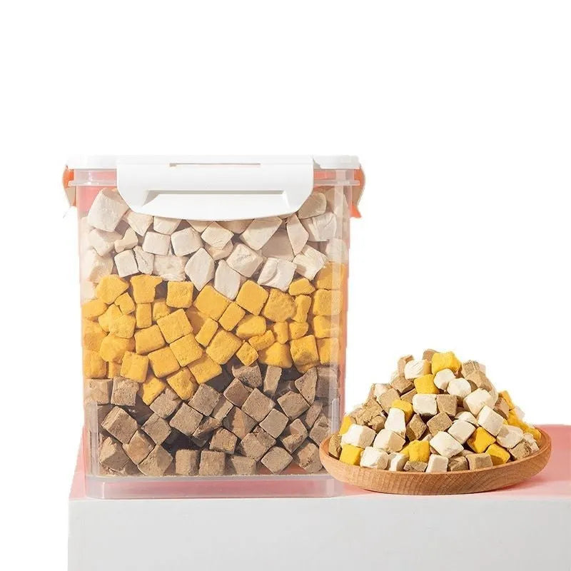 Freeze-dried dog snacks in twelve styles including chicken liver beef egg yolk duck and fish varieties packaged in resealable bags