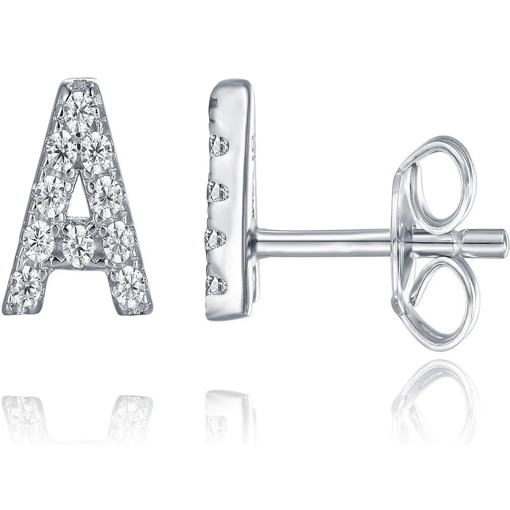 Gold plated alphabet letter stud earrings with zircon stones showing A to Z selection on copper base
